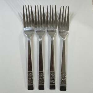 4 Vintage National Stainless Laureen Black Rose Flatware Dinner Forks